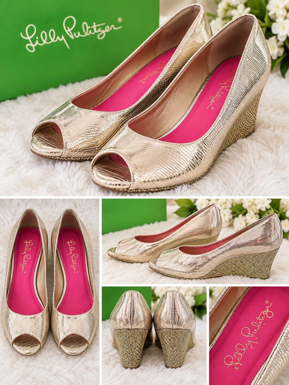 Lilly Pulitzer Metallic Gold Peep-Toe Wedge Shoes with Pink Insole